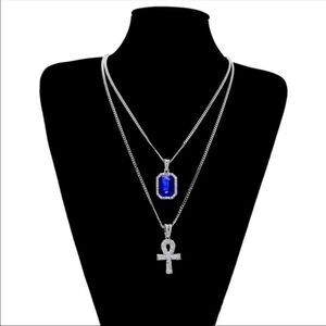 💝 Silver Necklaces with Blue Sapphire Gemstone and Iced Out Gold Cross Pendant